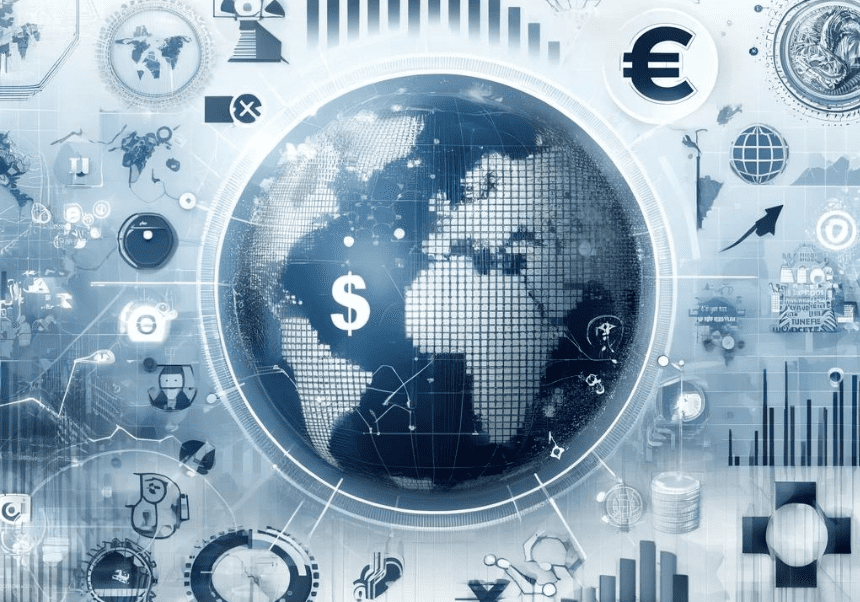 Drawing of a world globe with economic symbols